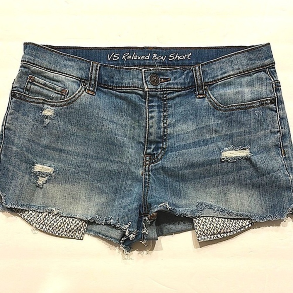 Victoria's Secret Relaxed Boy Short Blue Jean Shorts Distressed Cut-Offs Size 8